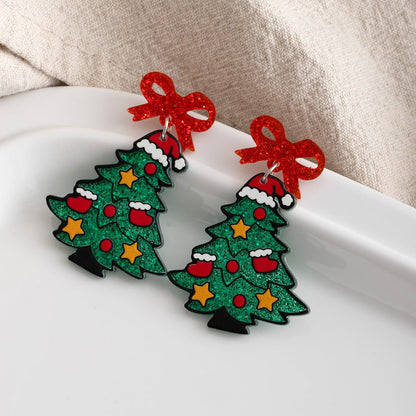 Cartoon Acrylic Christmas Tree Earrings with Glittery Bows – Cute Holiday Jewelry for Women - STAR8S