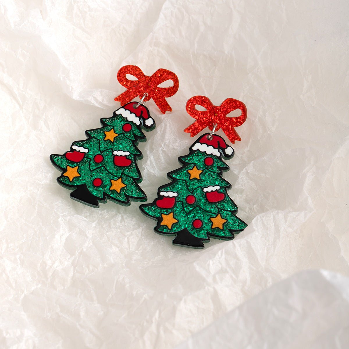 cartoon acrylic christmas tree earrings with glittery bows – cute holiday jewelry for women - star8s