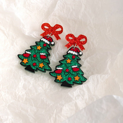 Cartoon Acrylic Christmas Tree Earrings with Glittery Bows – Cute Holiday Jewelry for Women - STAR8S