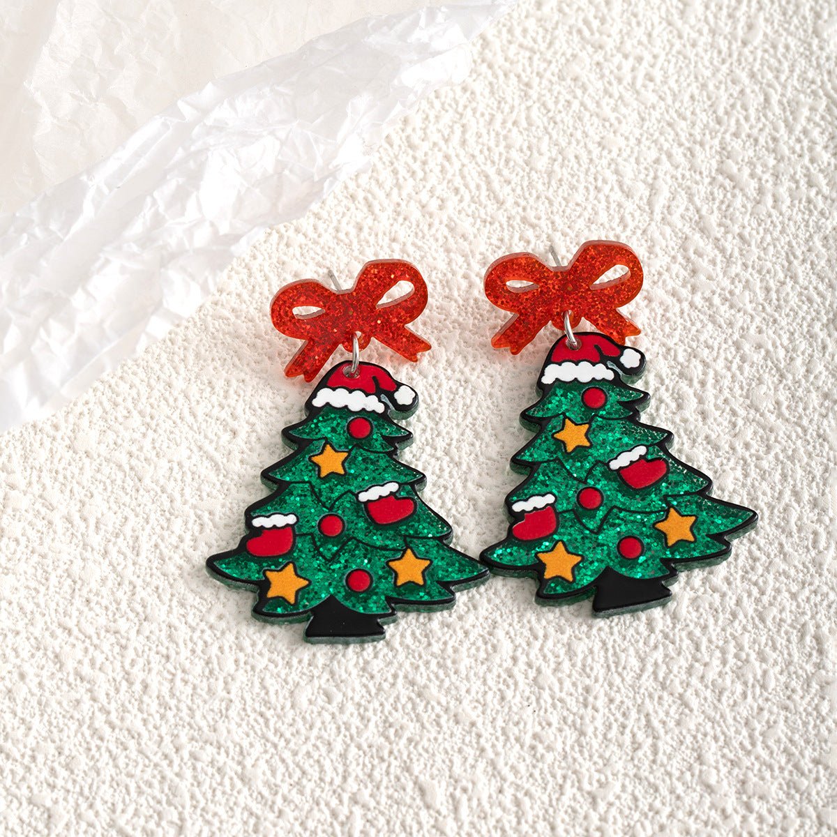 Cartoon Acrylic Christmas Tree Earrings with Glittery Bows – Cute Holiday Jewelry for Women - STAR8S