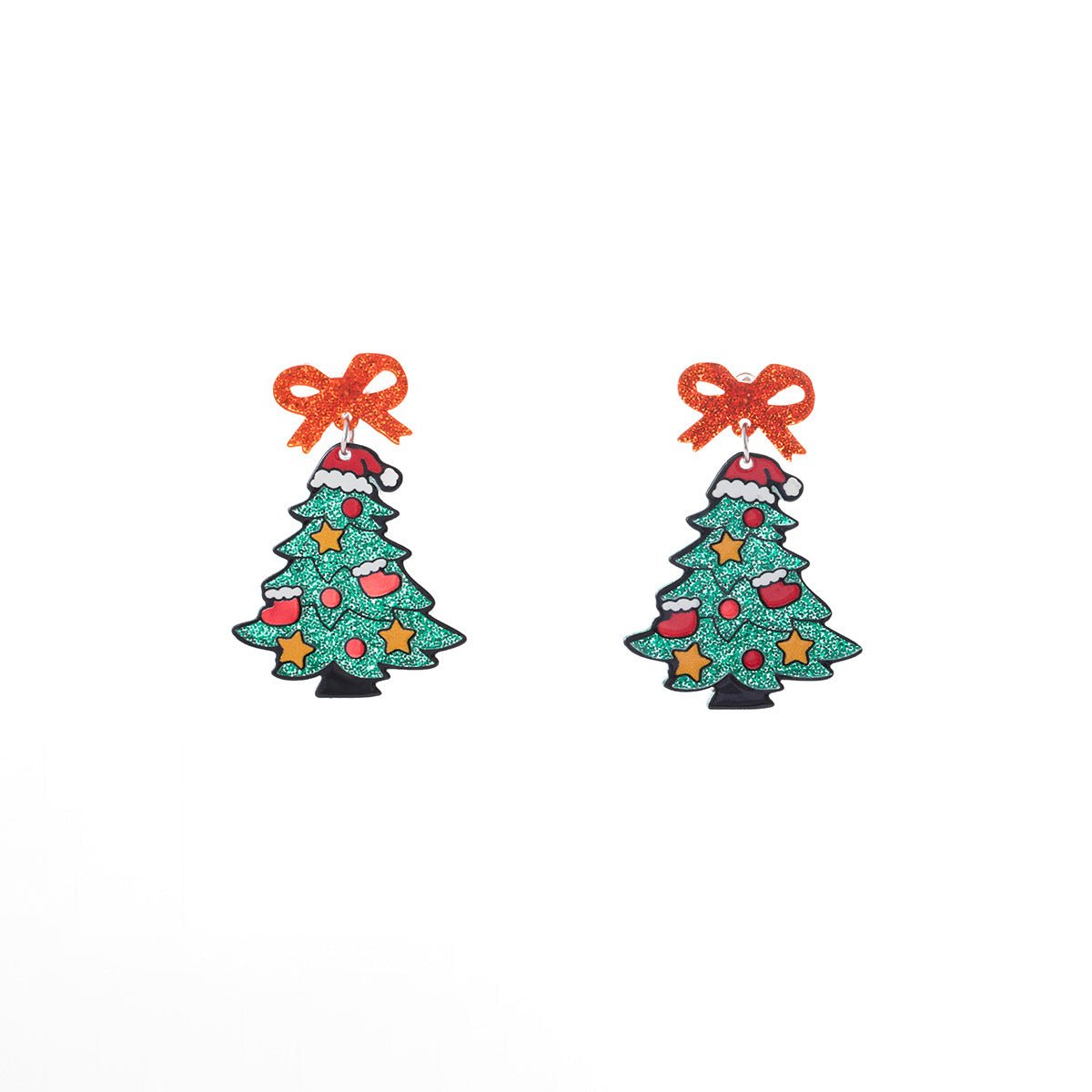 Cartoon Acrylic Christmas Tree Earrings with Glittery Bows – Cute Holiday Jewelry for Women - STAR8S