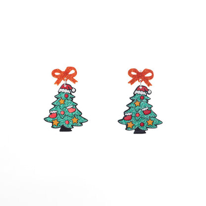 Cartoon Acrylic Christmas Tree Earrings with Glittery Bows – Cute Holiday Jewelry for Women - STAR8S