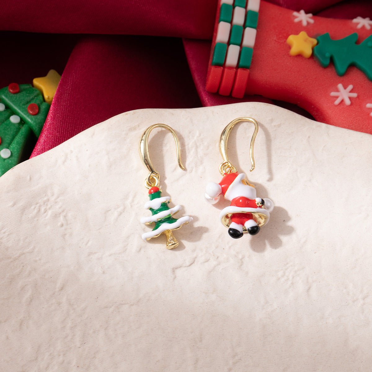 Cartoon Santa and Christmas Tree Earrings with Pearls – Cute Holiday Earrings for Women - STAR8S