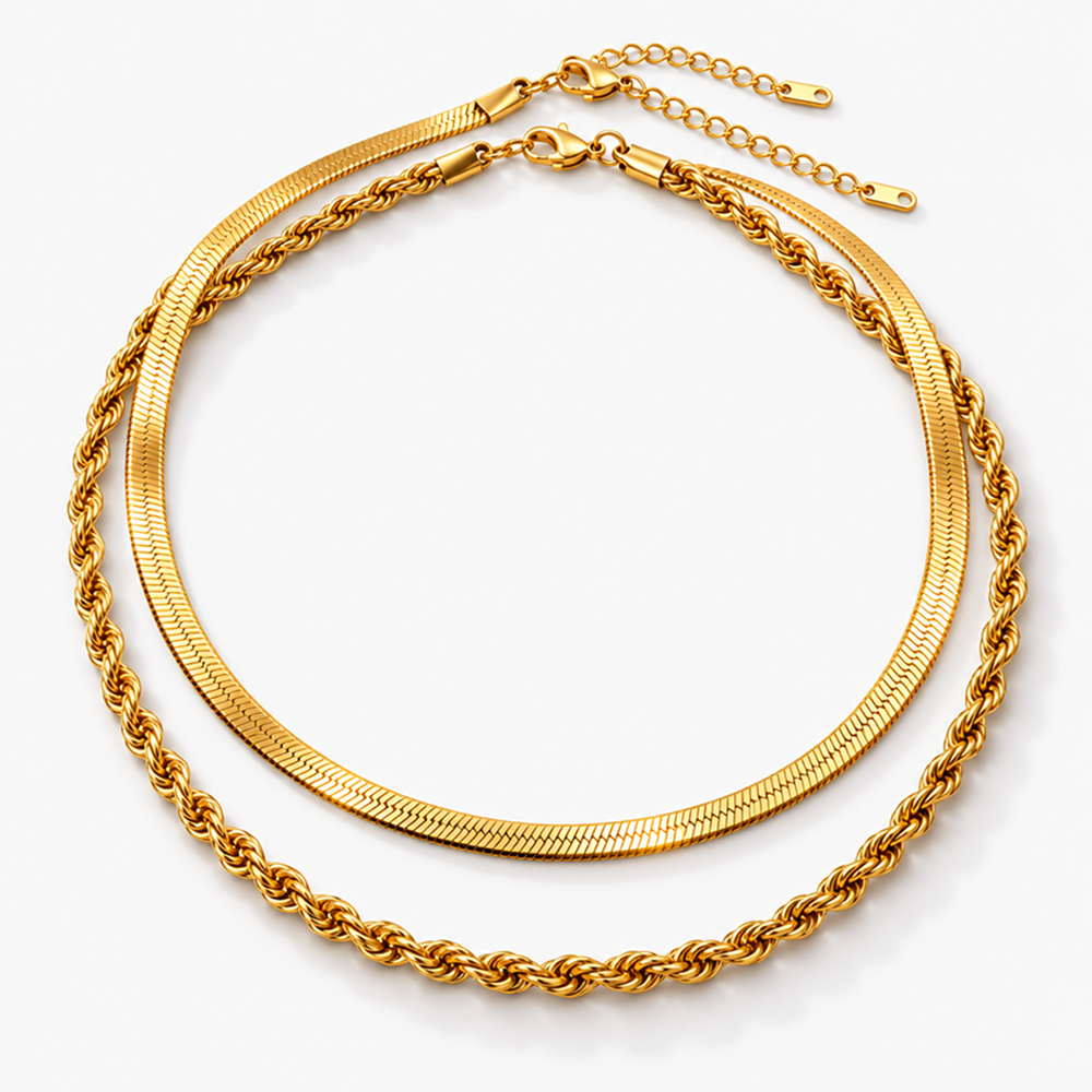 gold-tone brass snake and rope chain necklace set with adjustable extenders, 2 pieces