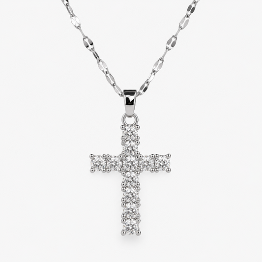 Silver-Tone Cross Pendant Necklace with Clear Faceted Accents and Adjustable Extender