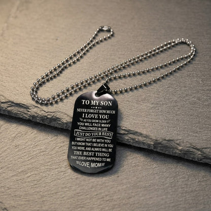 Engraved Dog Tag Necklace for Son from Mom Stainless Steel Military ID Card Pendant Inspirational Message Charm Long Ball Bead Chain Birthday Graduation Gift for Boys Men Black Silver 23.6" 20g