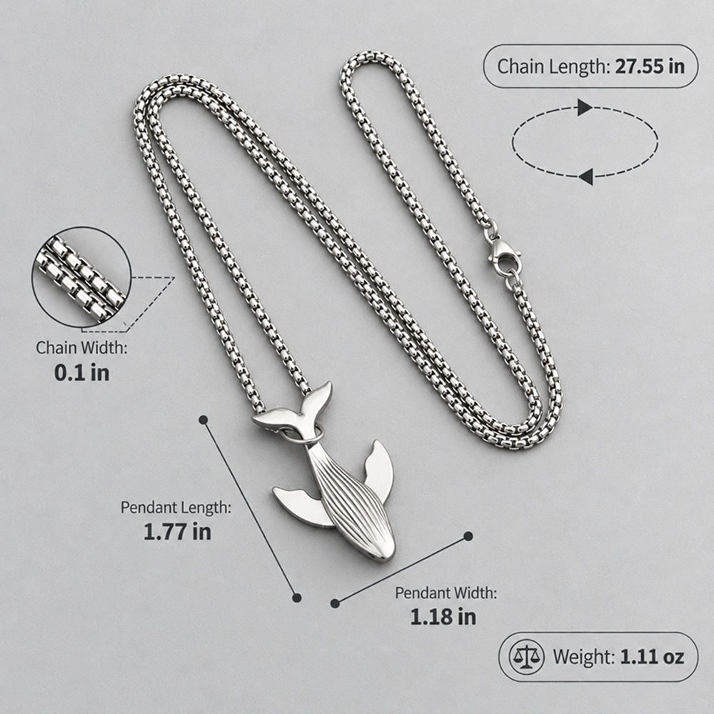 titanium steel whale fall pendant necklace for men unisex vintage silver humpback whale tail charm long box chain sweater necklace hip hop streetwear minimalist ocean jewelry aesthetic gift 27.5 inches