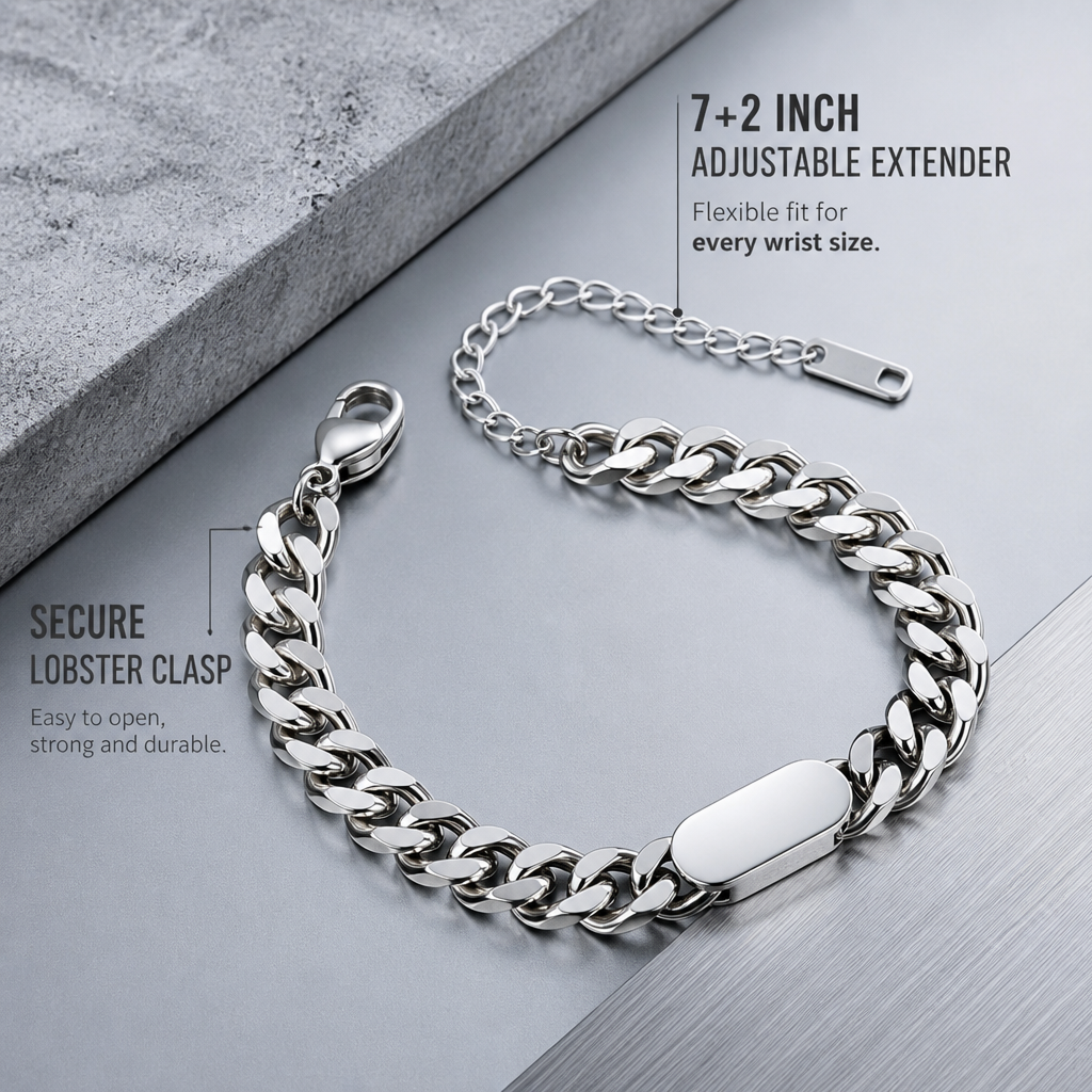 unisex stainless steel cuban link id bracelet, adjustable 7-9 inch chain bracelet