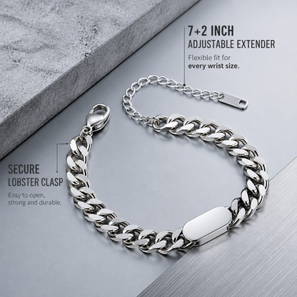 Unisex Stainless Steel Cuban Link ID Bracelet, Adjustable 7-9 Inch Chain Bracelet