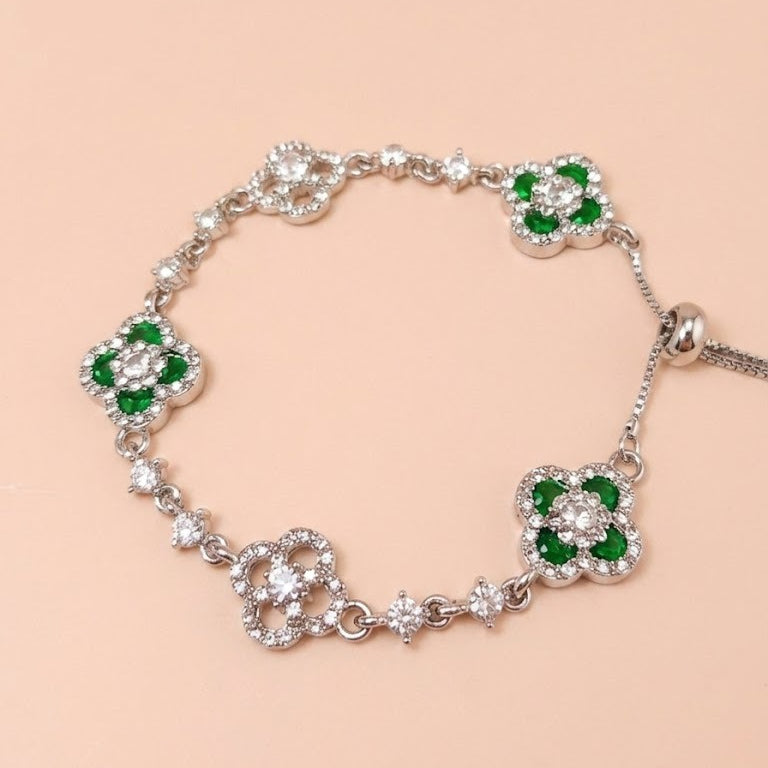 silver four leaf clover bracelet for women emerald green lucky clover charm bracelet sparkly crystal adjustable bolo slider bracelet premium dainty layering jewelry irish good luck gift for her anniversary birthday