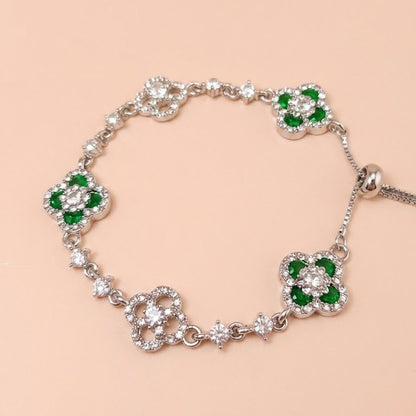 Silver Four Leaf Clover Bracelet for Women Emerald Green Lucky Clover Charm Bracelet Sparkly Crystal Adjustable Bolo Slider Bracelet Premium Dainty Layering Jewelry Irish Good Luck Gift for Her Anniversary Birthday