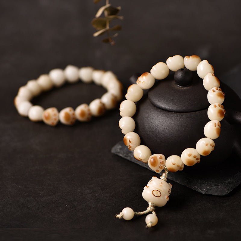Charcoal - Burned Cat Paw Bodhi Root Bracelet with White Jade Bodhi Beads - STAR8S