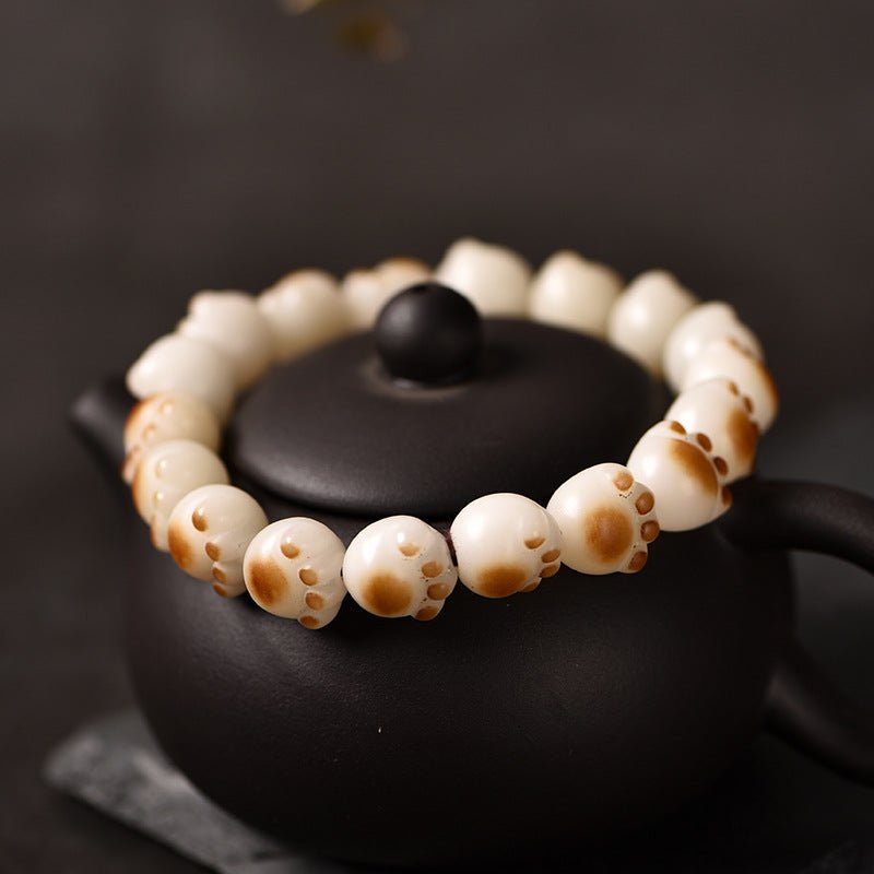 Charcoal - Burned Cat Paw Bodhi Root Bracelet with White Jade Bodhi Beads - STAR8S