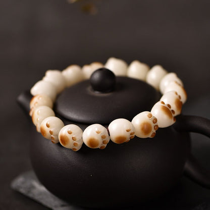Charcoal - Burned Cat Paw Bodhi Root Bracelet with White Jade Bodhi Beads - STAR8S