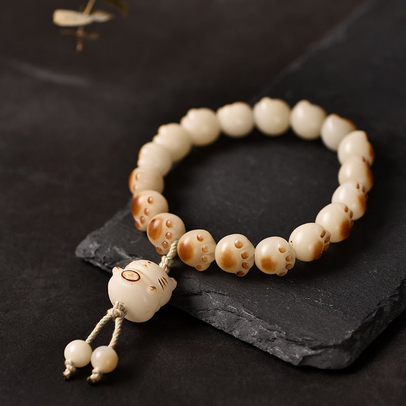 charcoal - burned cat paw bodhi root bracelet with white jade bodhi beads - star8s