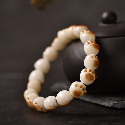 Charcoal - Burned Cat Paw Bodhi Root Bracelet with White Jade Bodhi Beads - STAR8S