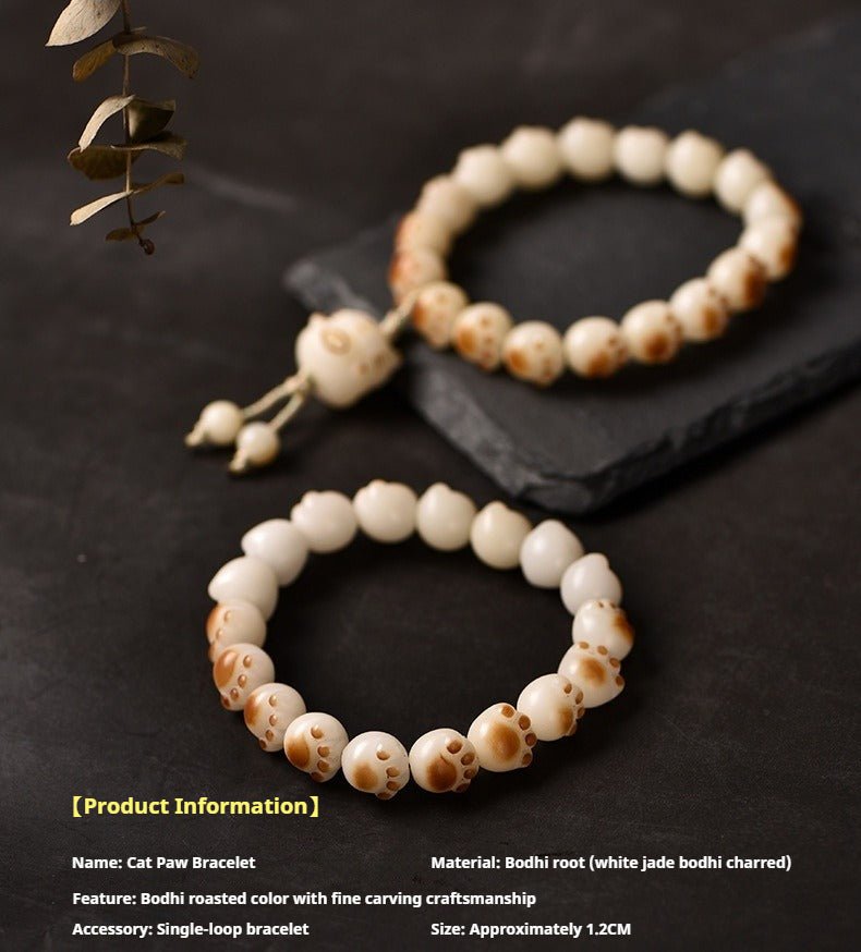 Charcoal - Burned Cat Paw Bodhi Root Bracelet with White Jade Bodhi Beads - STAR8S