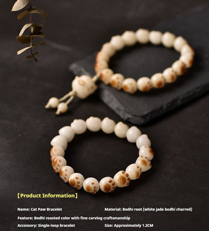 Charcoal - Burned Cat Paw Bodhi Root Bracelet with White Jade Bodhi Beads - STAR8S