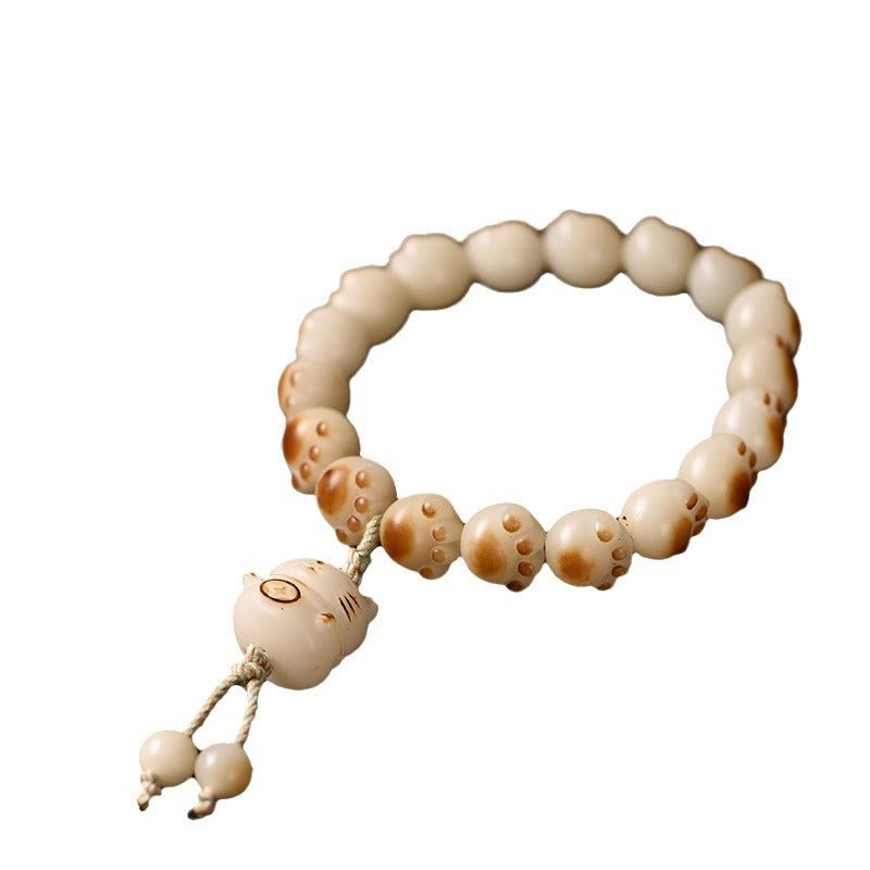 Charcoal - Burned Cat Paw Bodhi Root Bracelet with White Jade Bodhi Beads - STAR8S