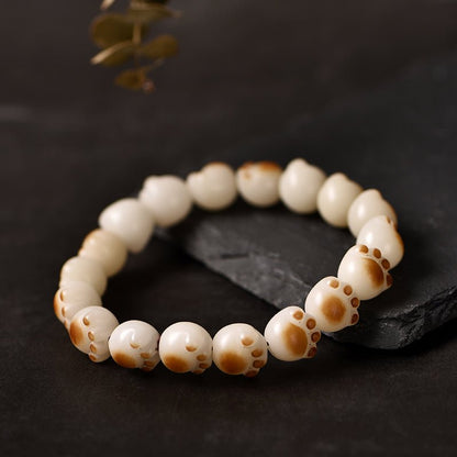 Charcoal - Burned Cat Paw Bodhi Root Bracelet with White Jade Bodhi Beads - STAR8S