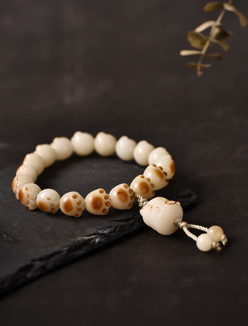 Charcoal - Burned Cat Paw Bodhi Root Bracelet with White Jade Bodhi Beads - STAR8S