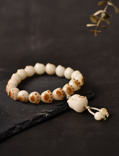 Charcoal - Burned Cat Paw Bodhi Root Bracelet with White Jade Bodhi Beads - STAR8S