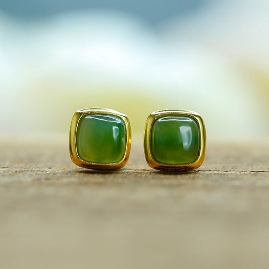 Charming Jade Ear Studs: Nan Hong Agate Sugar Cube Hetian Jade S925 | STAR8S