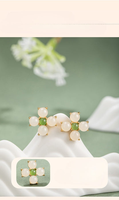 Charming & Lucky Clover Stud Earrings - Hetian Jade 925 Silver Flower Earrings | STAR8S