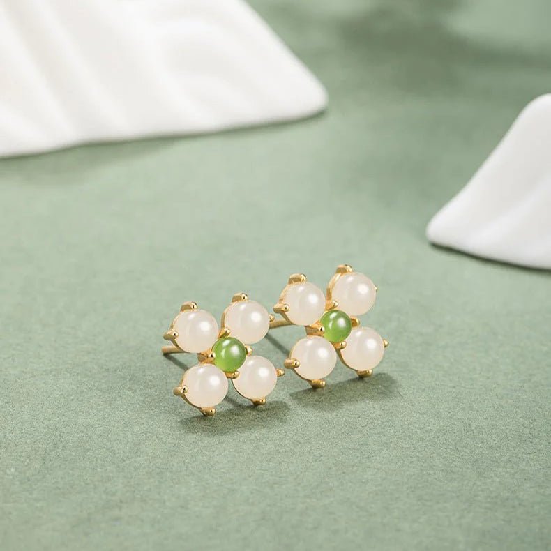 Charming & Lucky Clover Stud Earrings - Hetian Jade 925 Silver Flower Earrings | STAR8S - STAR8S