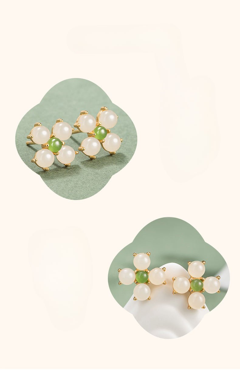 Charming & Lucky Clover Stud Earrings - Hetian Jade 925 Silver Flower Earrings | STAR8S