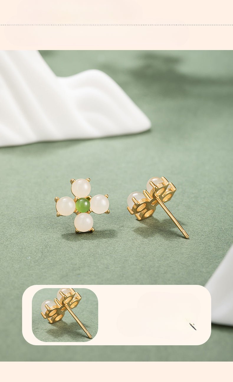 charming & lucky clover stud earrings - hetian jade 925 silver flower earrings | star8s