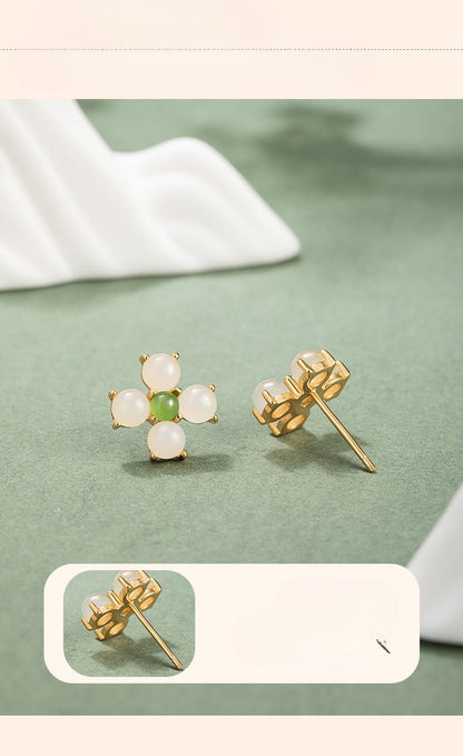 Charming & Lucky Clover Stud Earrings - Hetian Jade 925 Silver Flower Earrings | STAR8S