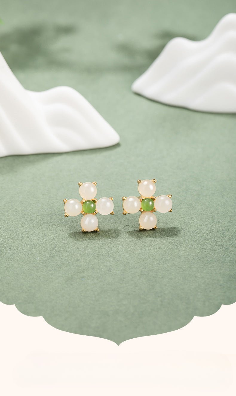 Charming & Lucky Clover Stud Earrings - Hetian Jade 925 Silver Flower Earrings | STAR8S