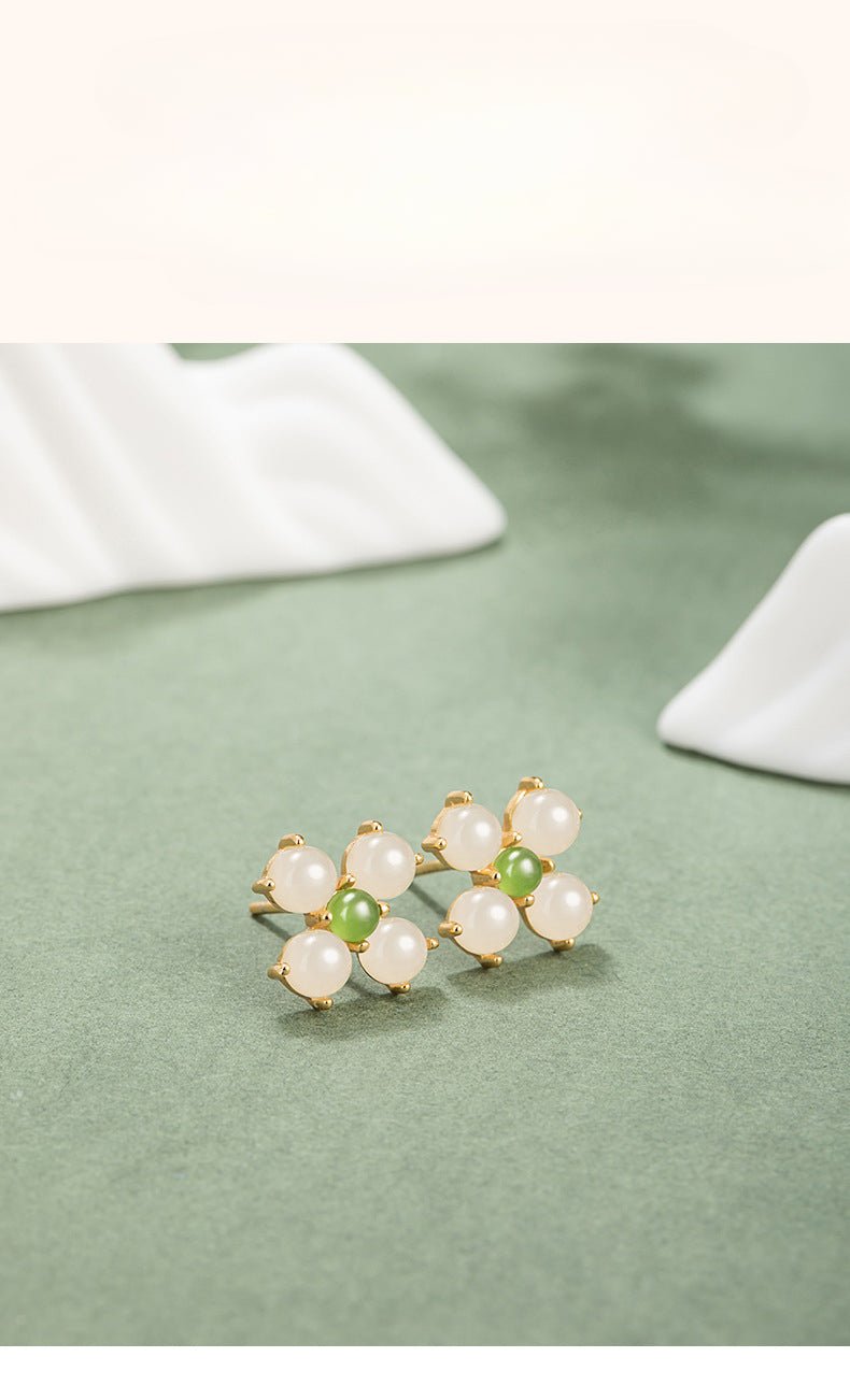 charming & lucky clover stud earrings - hetian jade 925 silver flower earrings | star8s