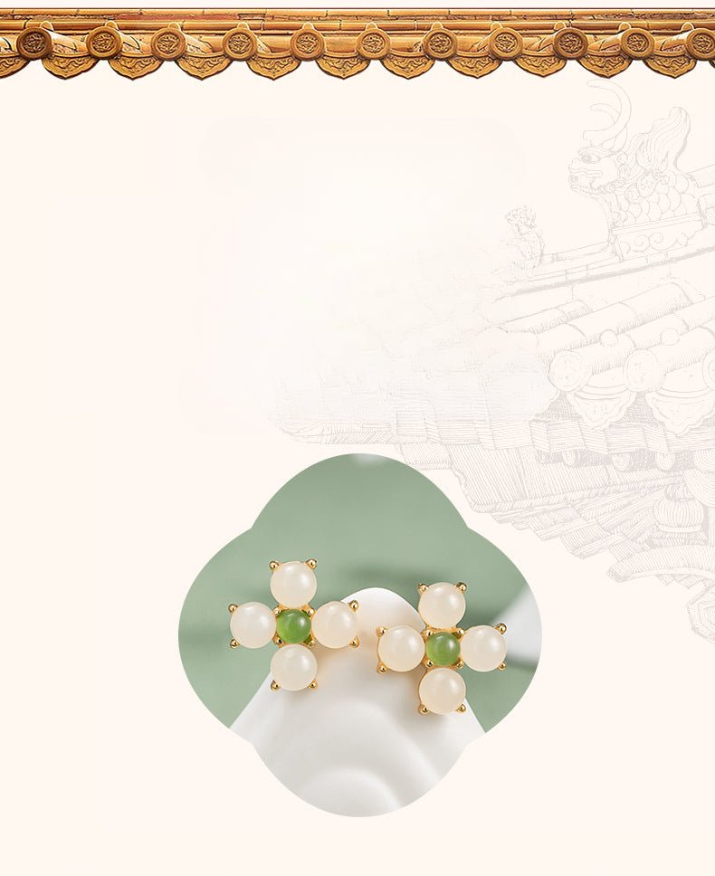 Charming & Lucky Clover Stud Earrings - Hetian Jade 925 Silver Flower Earrings | STAR8S