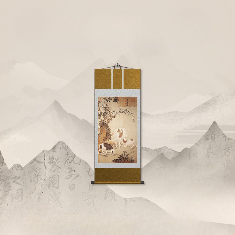 chinese art painting: hd print castiglione’s three rams bring bliss scroll | star8s