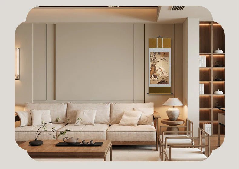 chinese art painting: hd print castiglione’s three rams bring bliss scroll | star8s - star8s