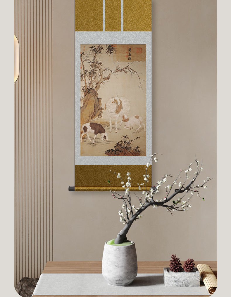 Chinese Art Painting: HD print Castiglione’s Three Rams Bring Bliss Scroll | STAR8S