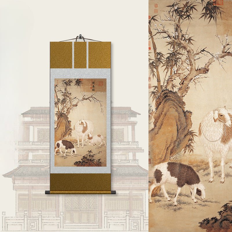 Chinese Art Painting: HD print Castiglione’s Three Rams Bring Bliss Scroll | STAR8S