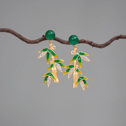 Chinese Bamboo Leaf Enamel Earrings | Vintage Chinese Style Enamel Jewelry | Traditional Chinese Earrings - STAR8S