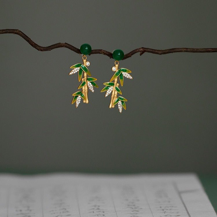 chinese bamboo leaf enamel earrings | vintage chinese style enamel jewelry | traditional chinese earrings - star8s