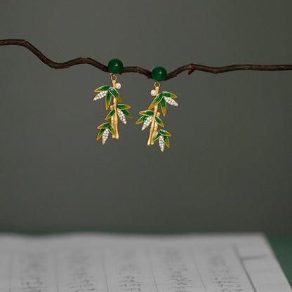 Chinese Bamboo Leaf Enamel Earrings | Vintage Chinese Style Enamel Jewelry | Traditional Chinese Earrings - STAR8S