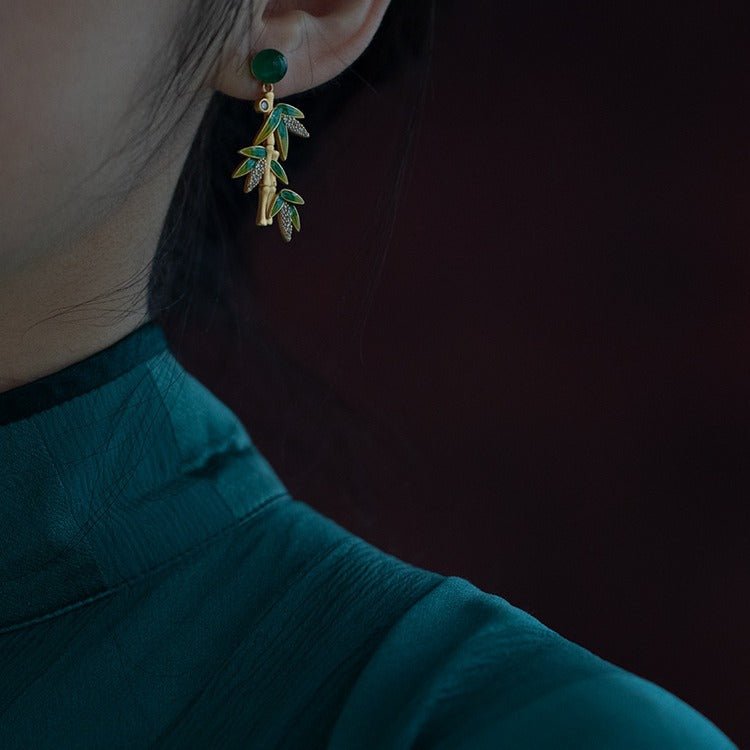 Chinese Bamboo Leaf Enamel Earrings | Vintage Chinese Style Enamel Jewelry | Traditional Chinese Earrings - STAR8S