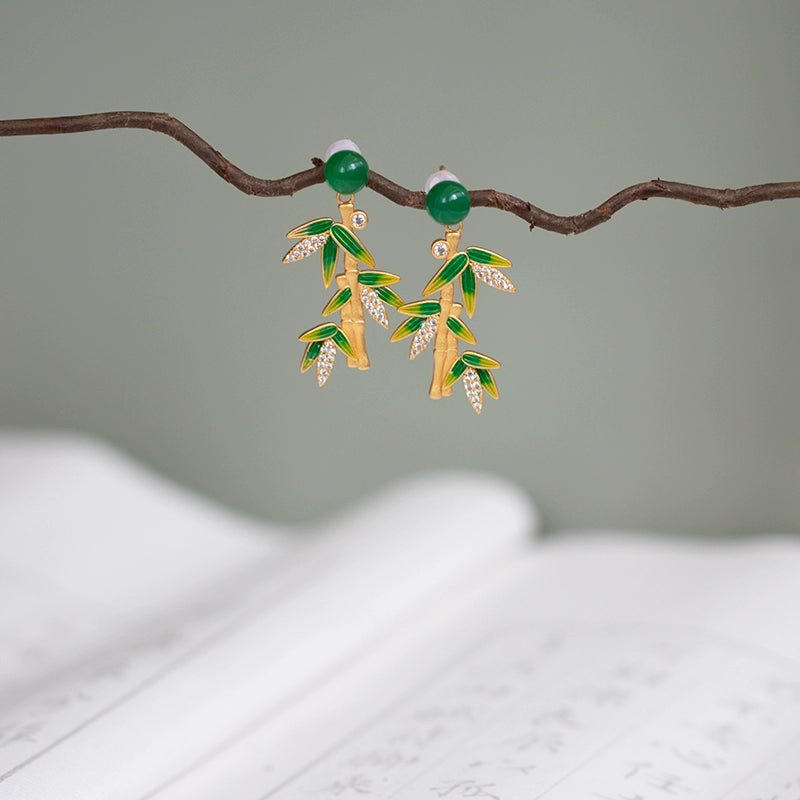 Chinese Bamboo Leaf Enamel Earrings | Vintage Chinese Style Enamel Jewelry | Traditional Chinese Earrings - STAR8S