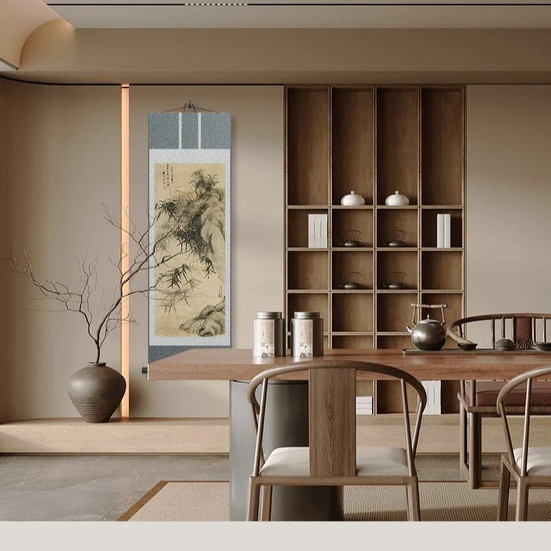 chinese bamboo painting: bamboo & stone scroll for home deco hd print | star8s - star8s