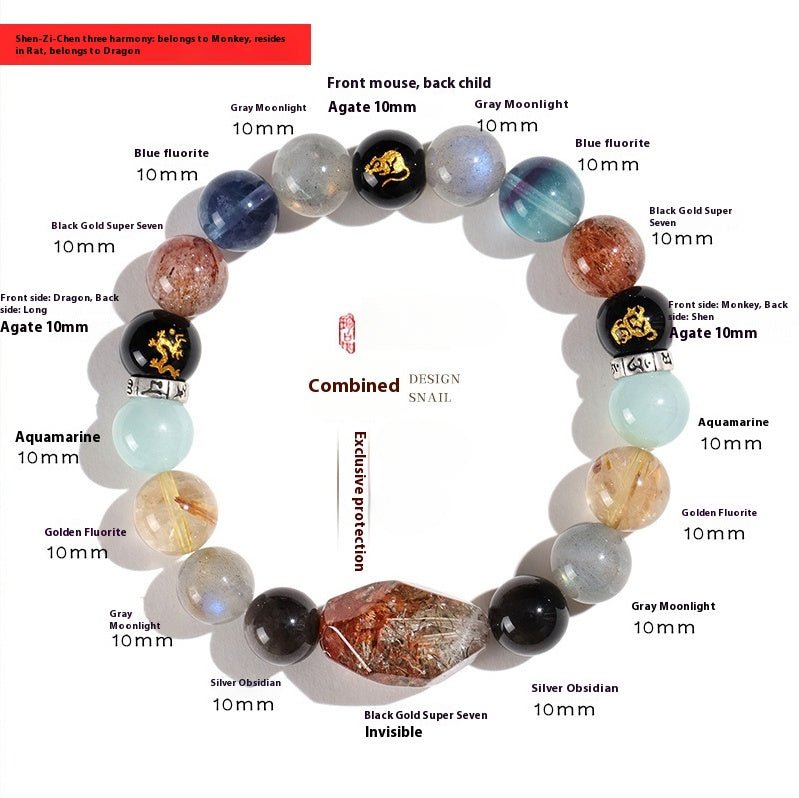 Chinese Bracelet – Natural Super Seven Crystal Beads with Black Gold Zodiac Charm for Wealth & Energy Balance - STAR8S