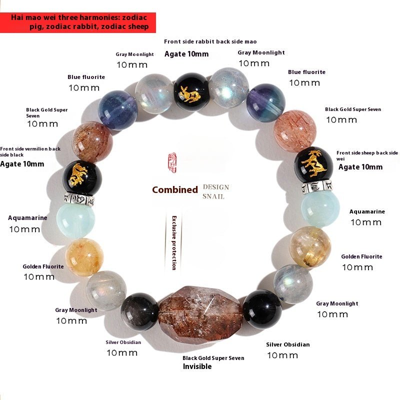 Chinese Bracelet – Natural Super Seven Crystal Beads with Black Gold Zodiac Charm for Wealth & Energy Balance - STAR8S