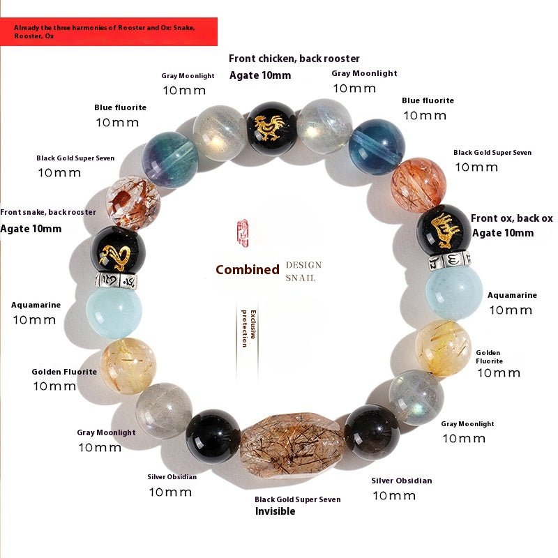 Chinese Bracelet – Natural Super Seven Crystal Beads with Black Gold Zodiac Charm for Wealth & Energy Balance - STAR8S