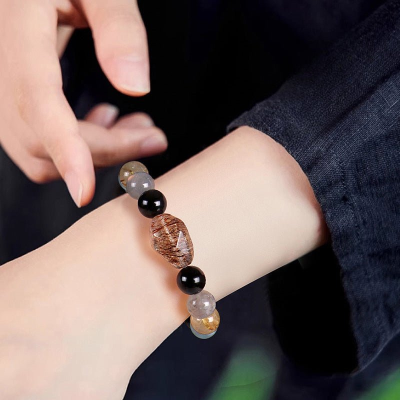 Chinese Bracelet – Natural Super Seven Crystal Beads with Black Gold Zodiac Charm for Wealth & Energy Balance - STAR8S