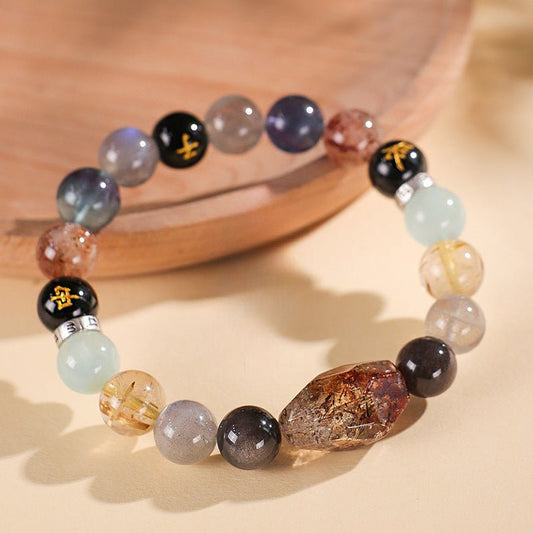 Chinese Bracelet – Natural Super Seven Crystal Beads with Black Gold Zodiac Charm for Wealth & Energy Balance - STAR8S